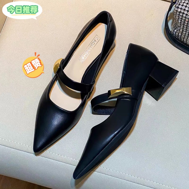 أحذية جديدة بأسلوب فرنسي ريترو كعب عالٍ مدبب الشكل أحذية فردية - Image 1